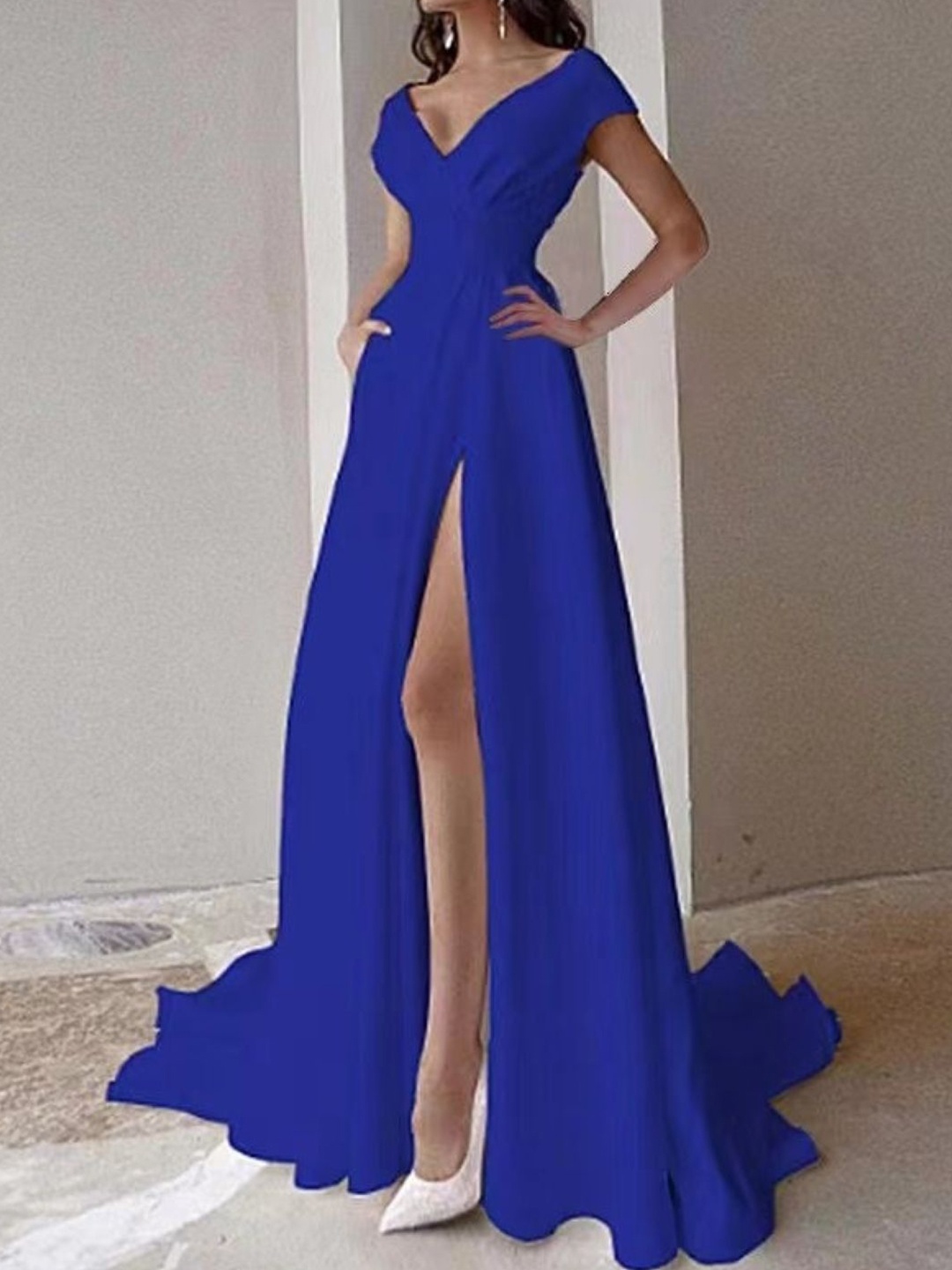 

StyleCast Women V-Neck Maxi Short Sleeves A-Line Dress, Navy blue