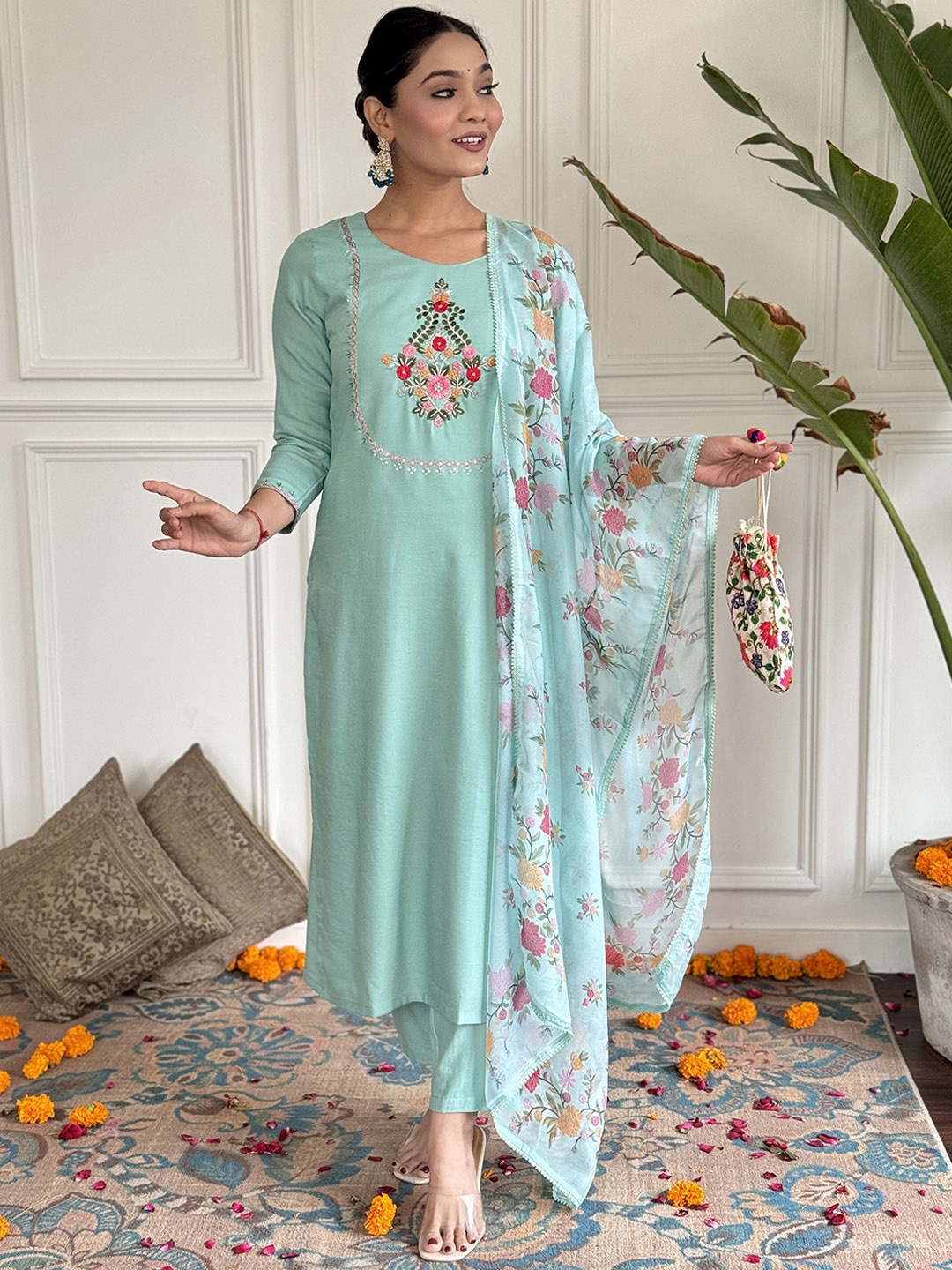 

KALINI Round Neck Floral Embroidered Thread Work Straight Kurta with Trouser & Dupatta, Blue