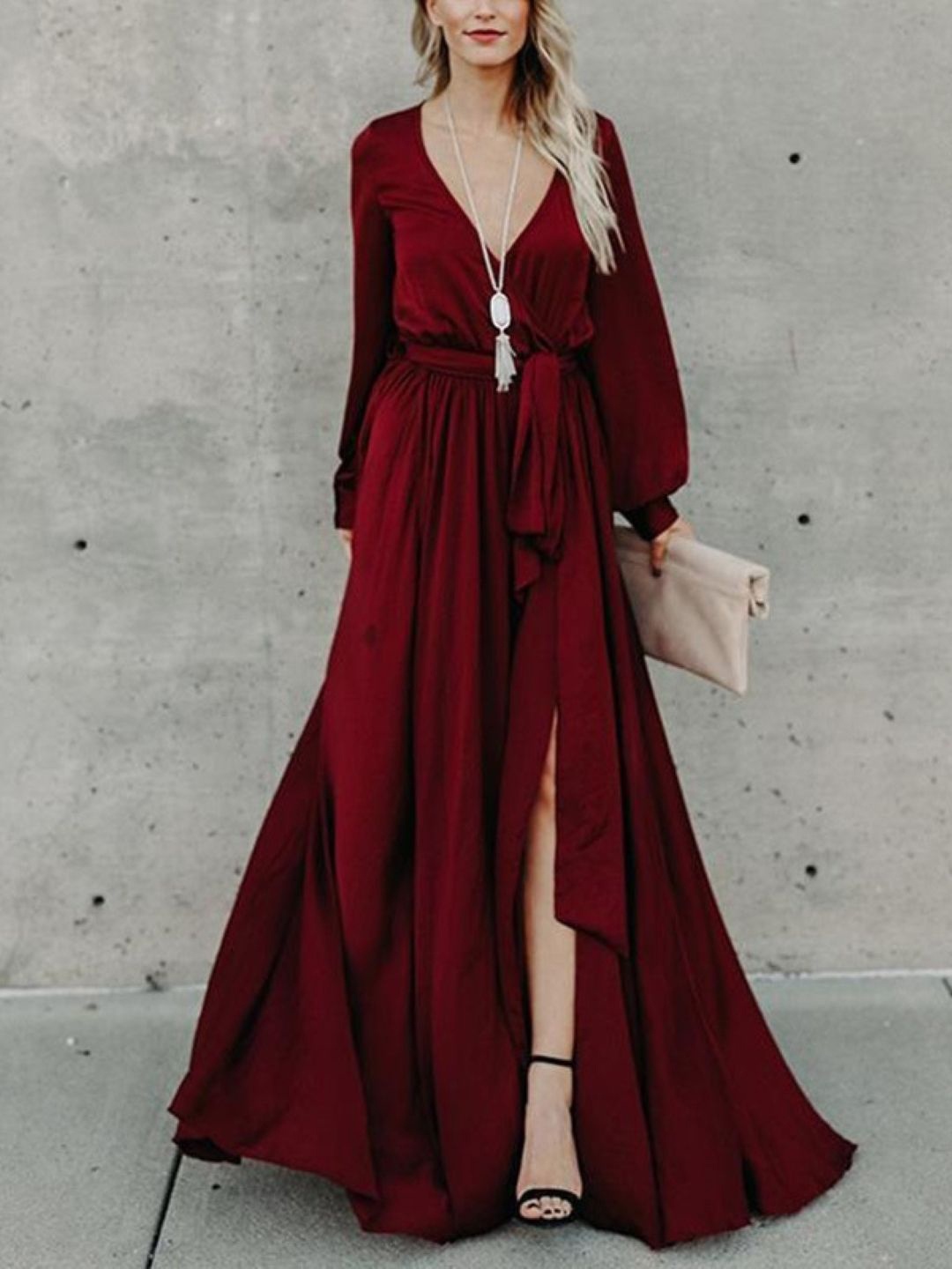 

HERE&NOW Women Puff Sleeve A-Line Maxi Dress, Red