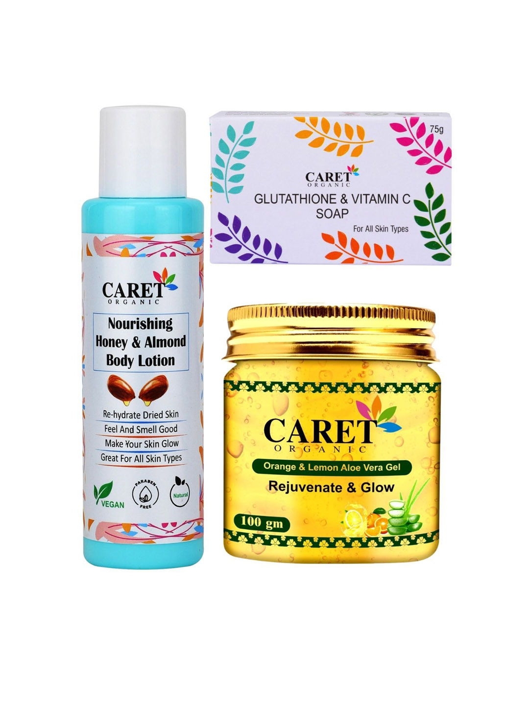 

CARET ORGANIC Set of 3 Almond Body Lotion, Lemon Aloevera Gel & Glutathione Vitamin C Soap, White