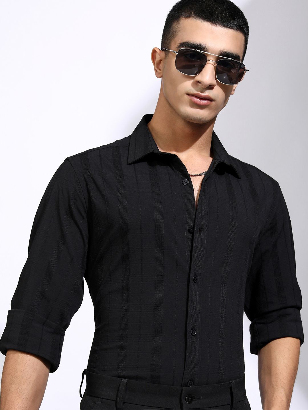 

HIGHLANDER Men Dobby Textured Striped Day Occasion Shirt, Black