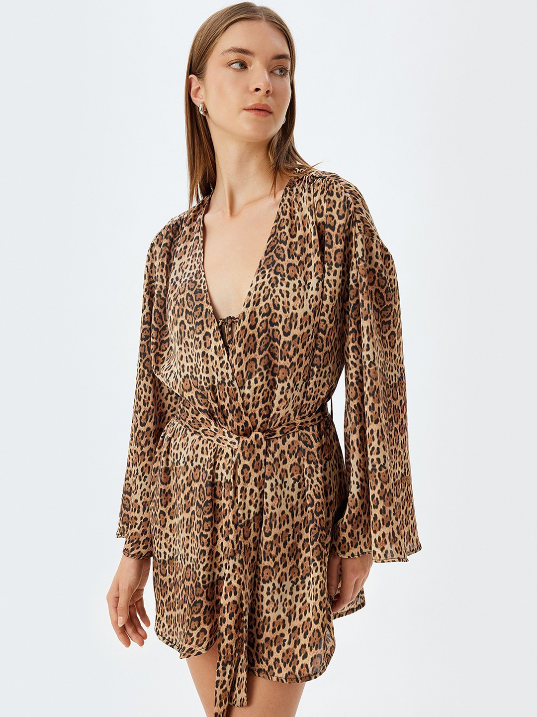 

Koton Women Printed Batwing Sleeves Robe, Brown