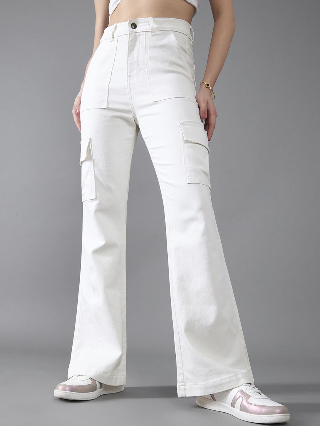 

DOLCE CRUDO Women Wide-Leg High-Rise Clean-Look Regular-Length Stretchable Denim Jeans, White
