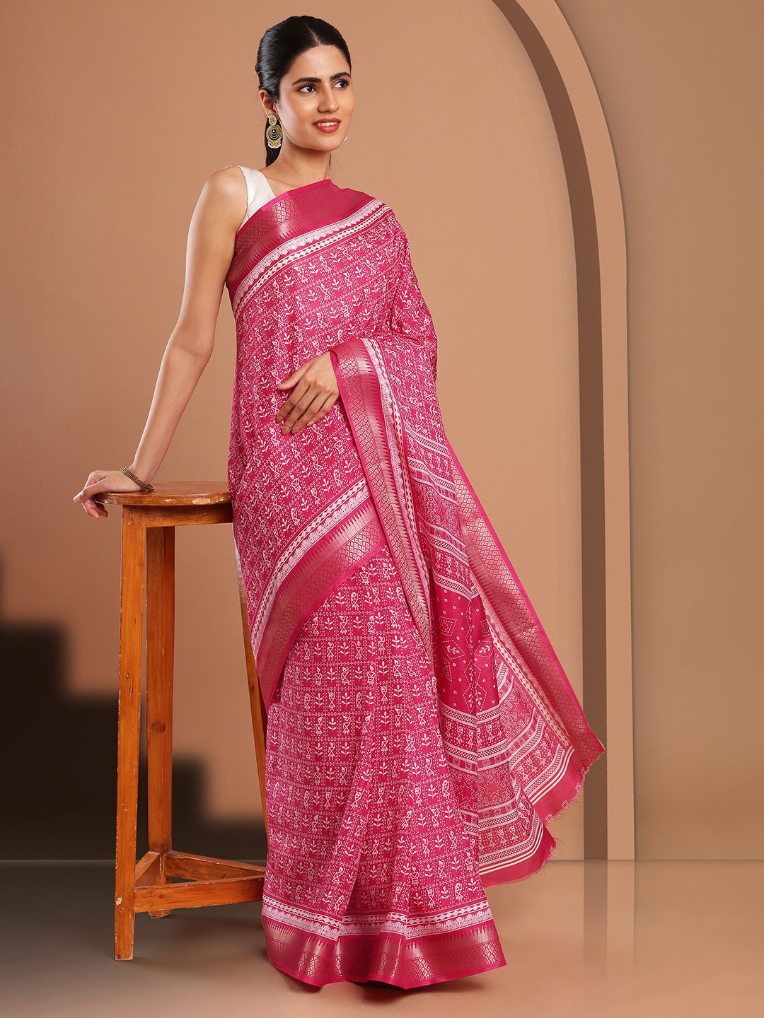 

Kalyan Silks Printed Zari Block Print Saree, Pink