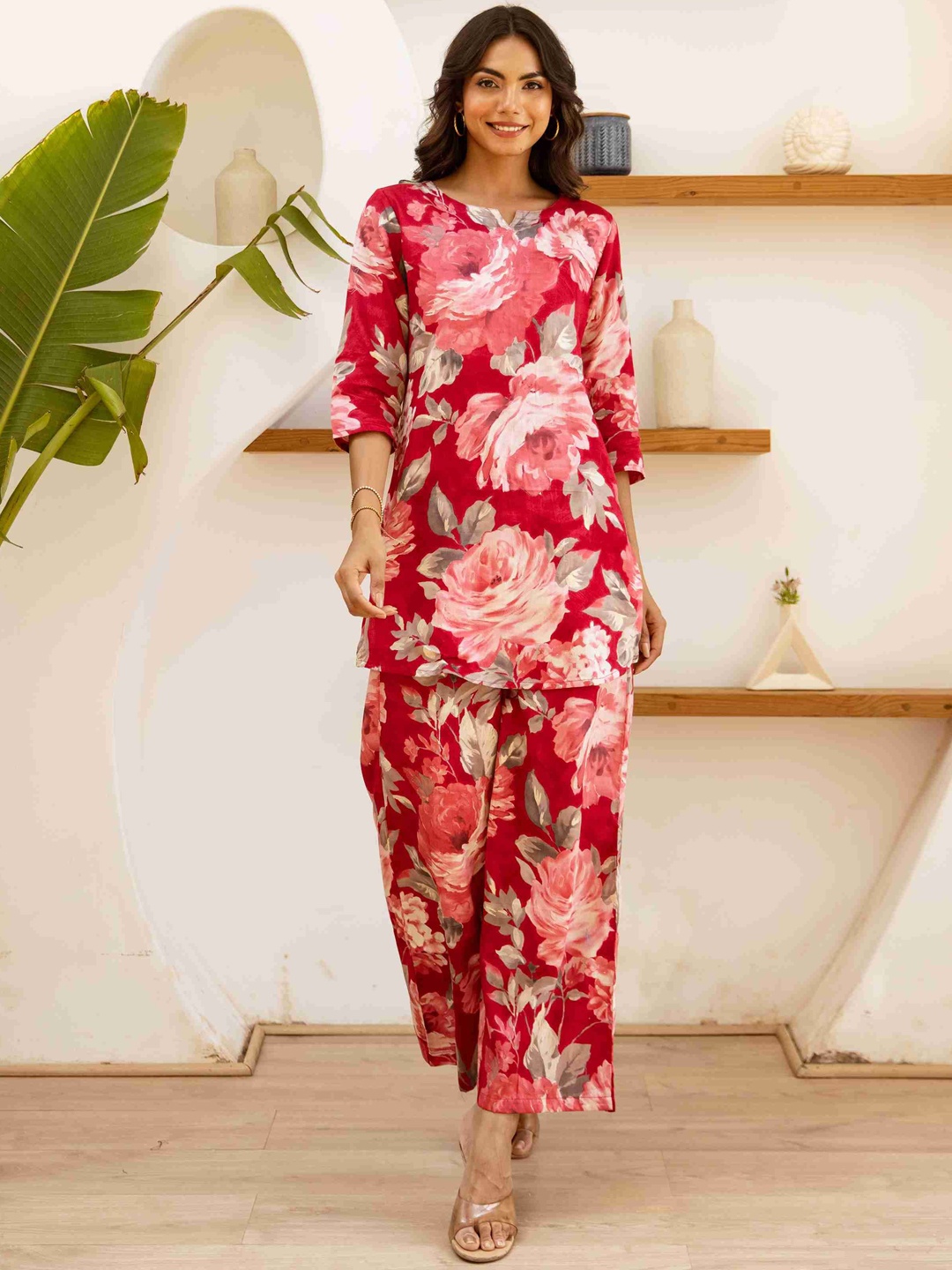 

HUKUM Floral Printed Pure Cotton Top with Palazzos, Pink