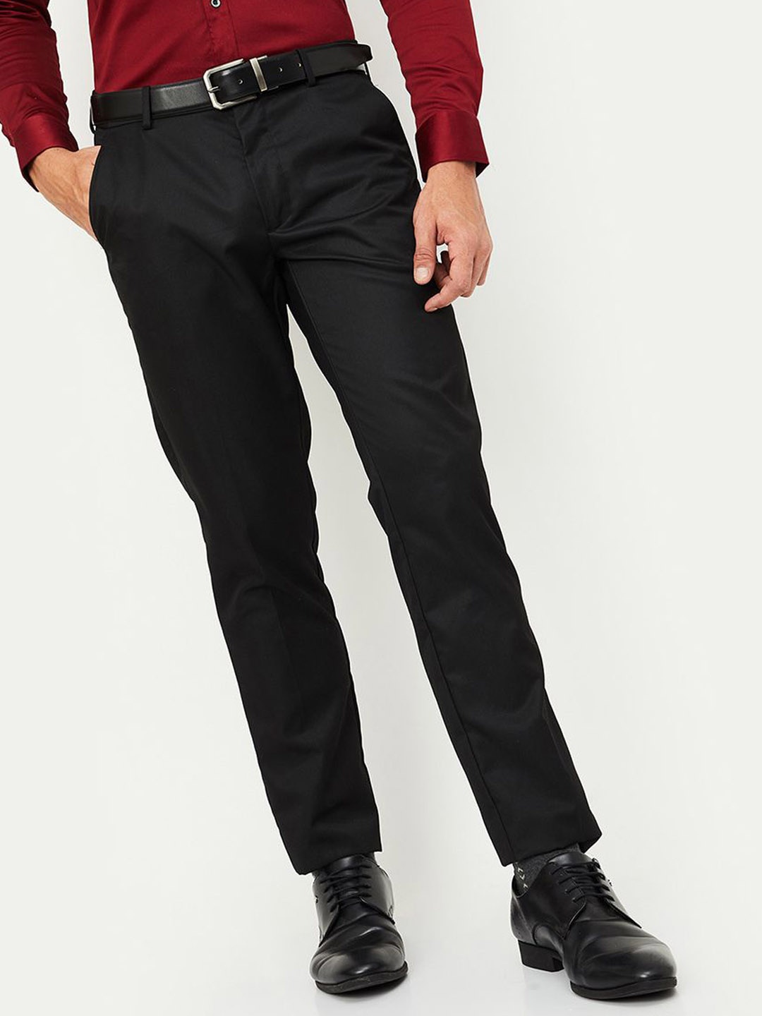 

max Men Regular Fit Mid-Rise Formal Trousers, Black