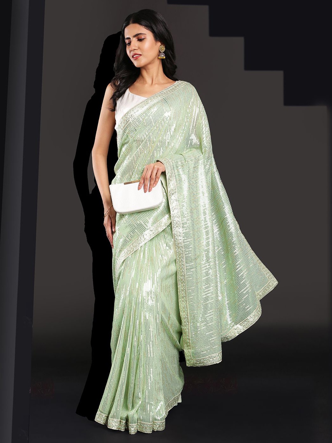 

Kalyan Silks Embellished Sequinned Bagru Saree, Green