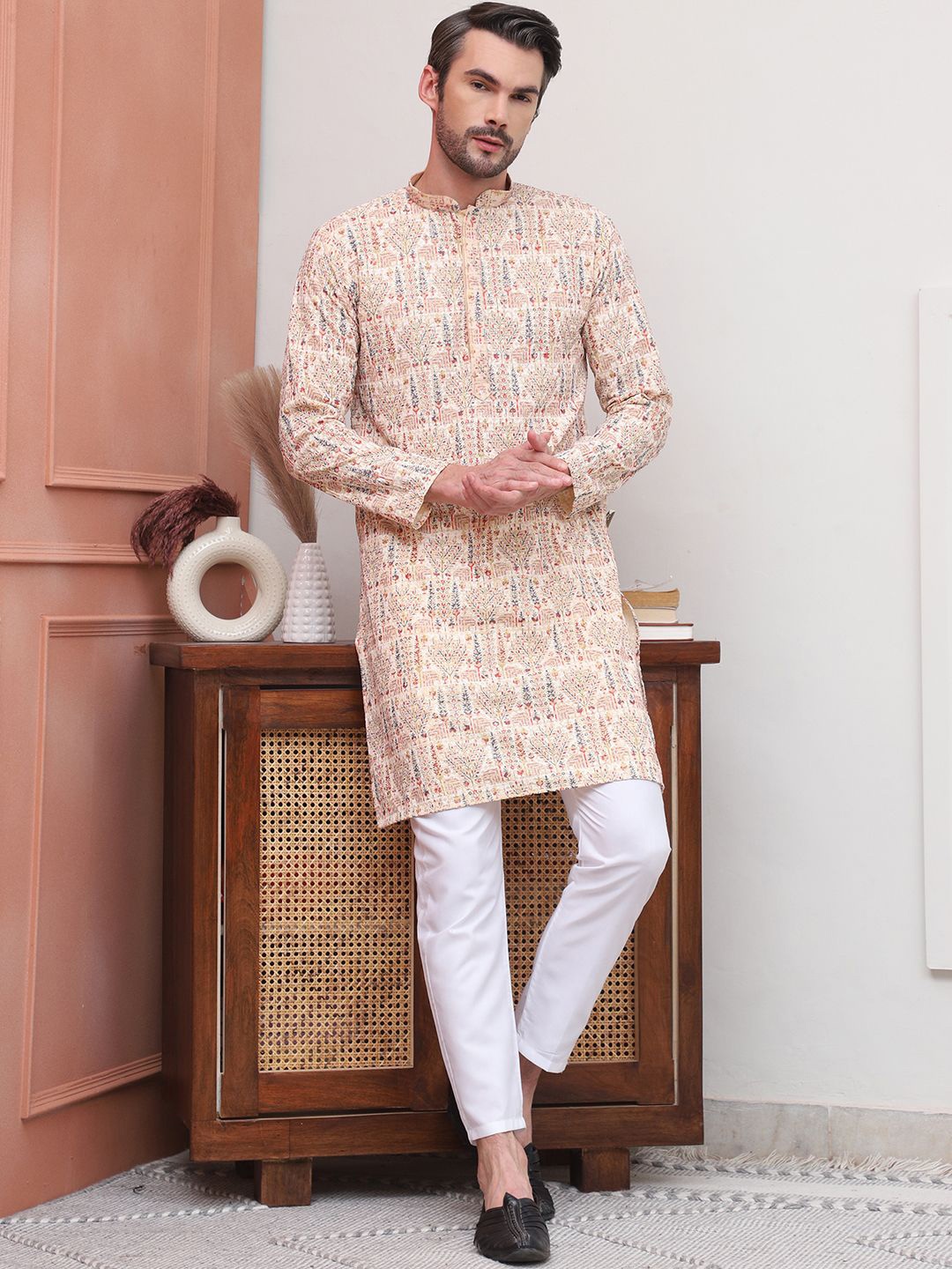 

Anouk Floral Embroidered Thread Work Mandarin Collar Pure Cotton Straight Kurta & Pyjamas, Beige