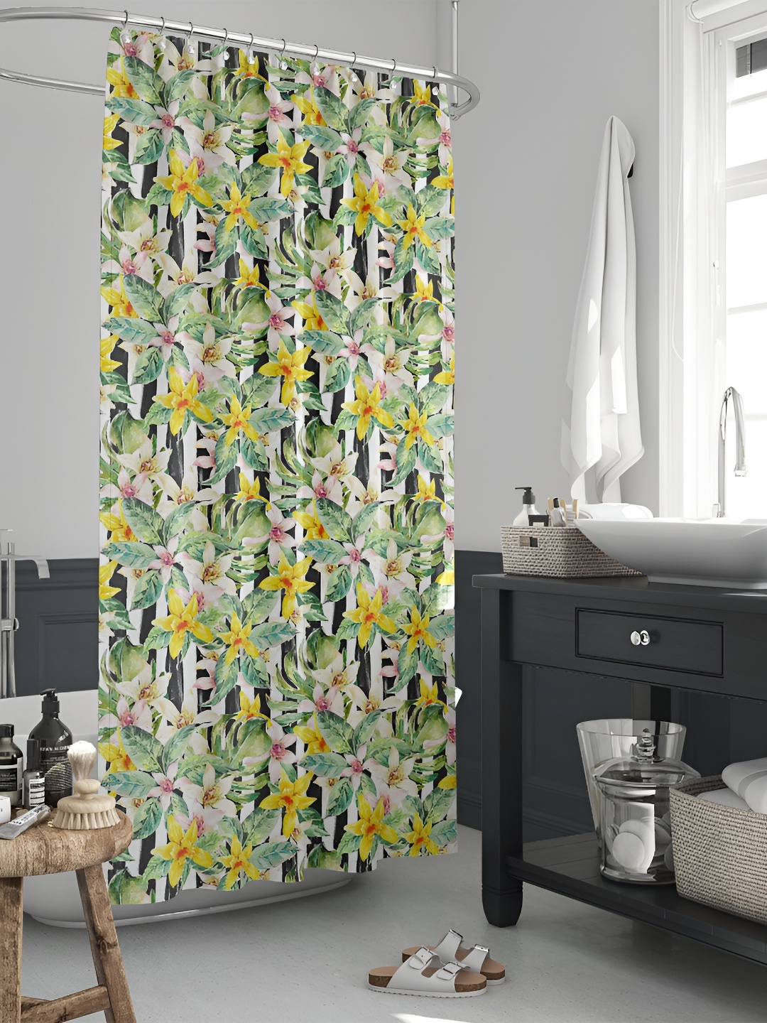 

ArtzFolio White & Green Floral Printed Waterproof Shower Curtain