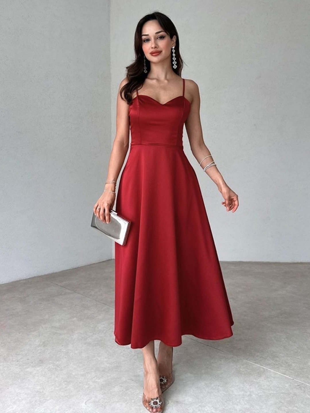 

KPOP Fit and Flare Midi Dress, Red