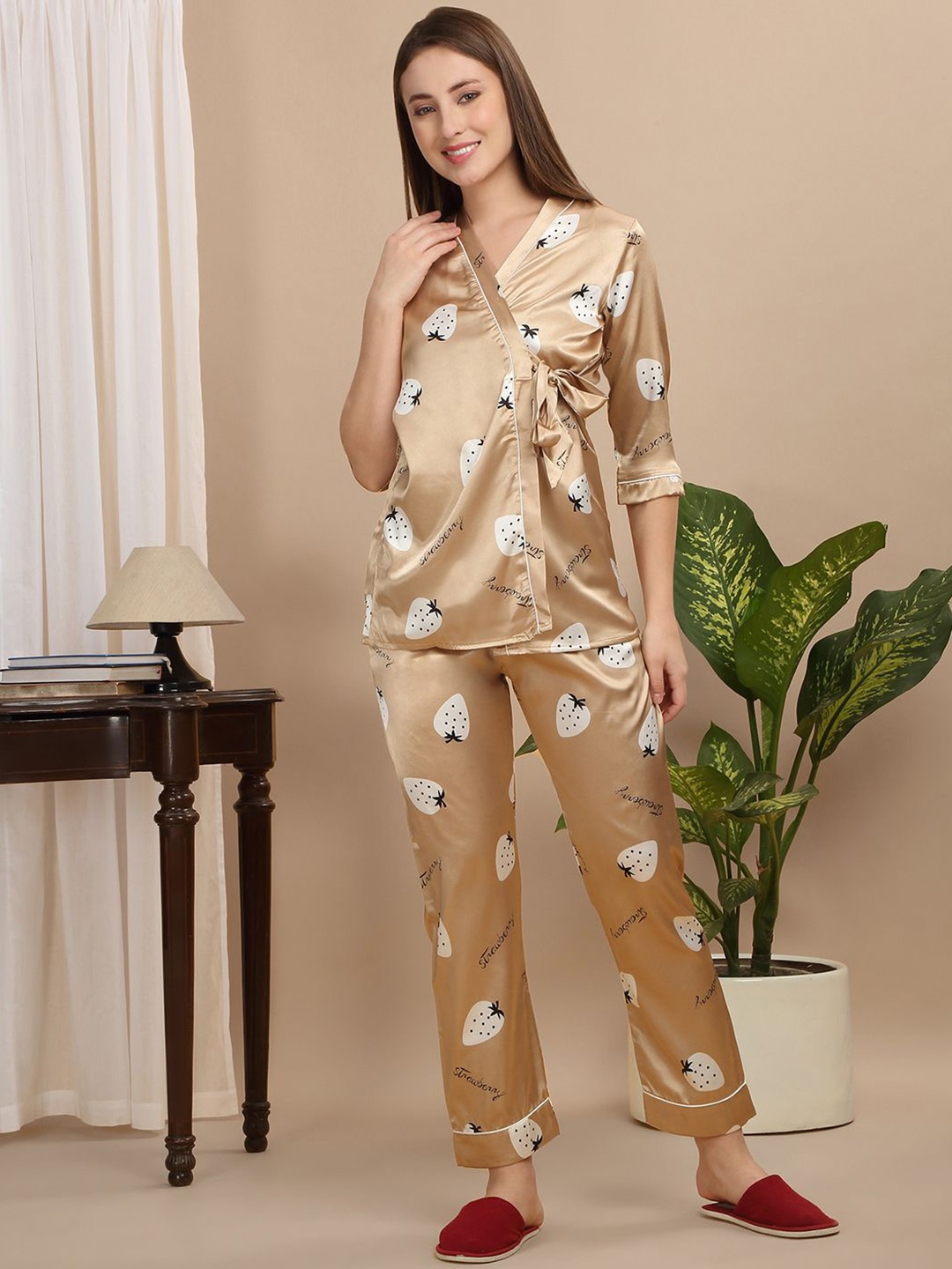 

Sweet Dreams Women Printed 3 Piece Night suit Set, Beige