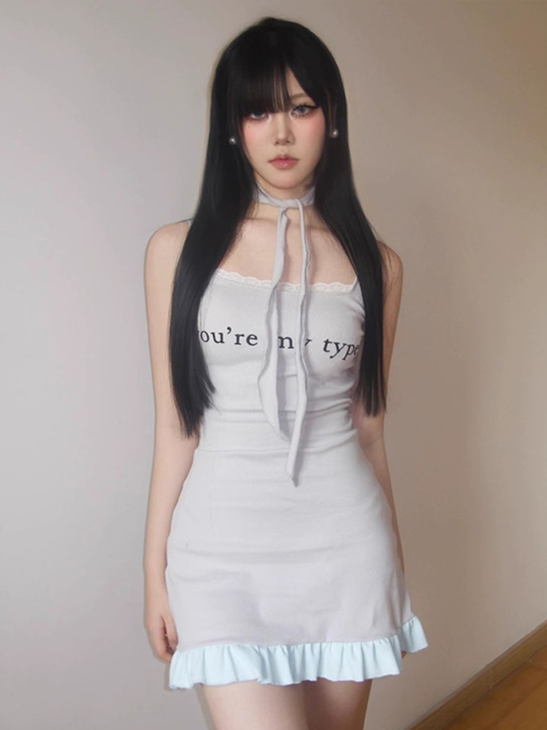 

KPOP Women Typography Printed Shoulder Straps Sleeveless Mini Sheath Dress, Grey