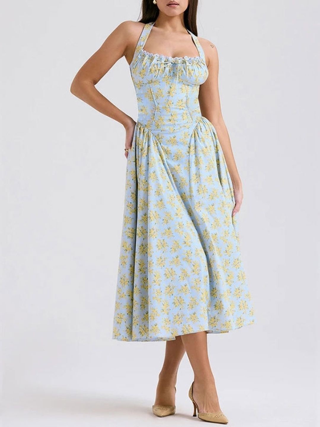 

KPOP Women Floral Printed Fit - Flare Midi Dress, Blue