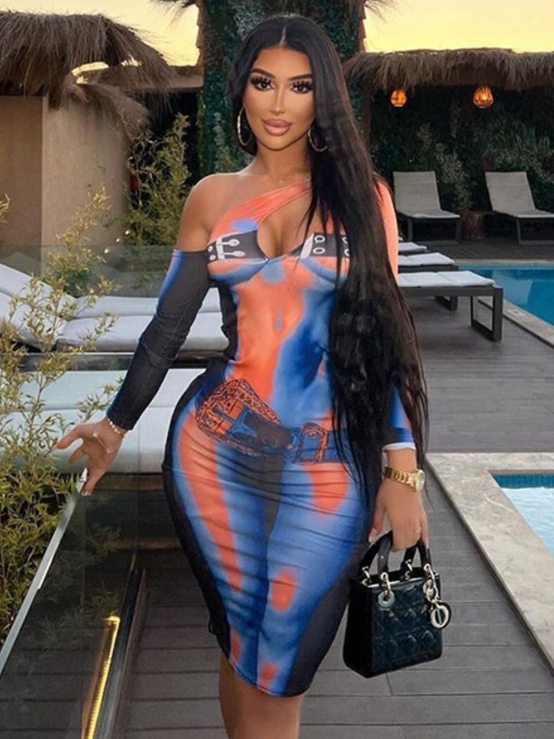 

KPOP Printed One Shoulder Bodycon Dress, Orange