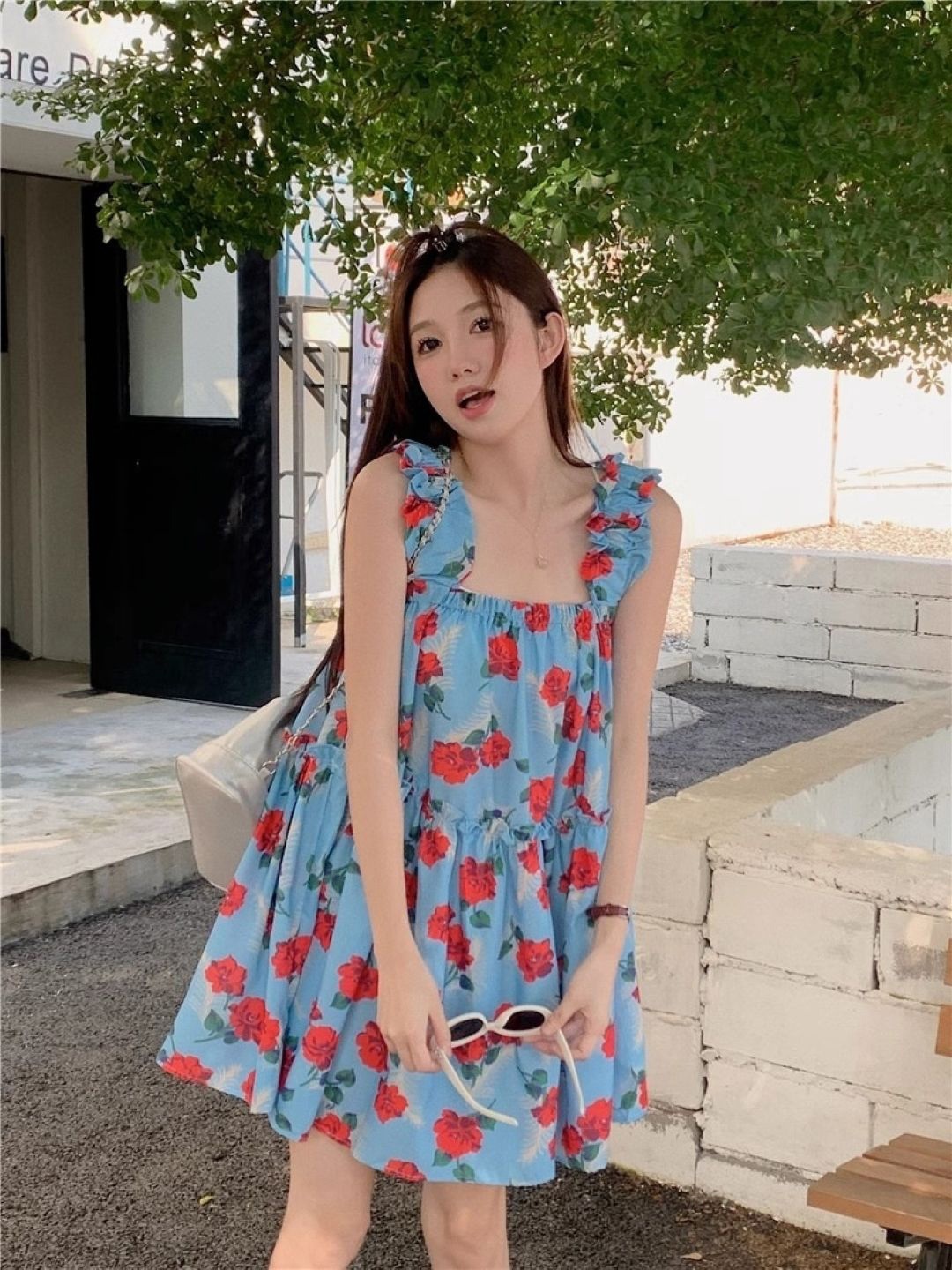 

KPOP Women Floral Printed A-Line Dress, Blue