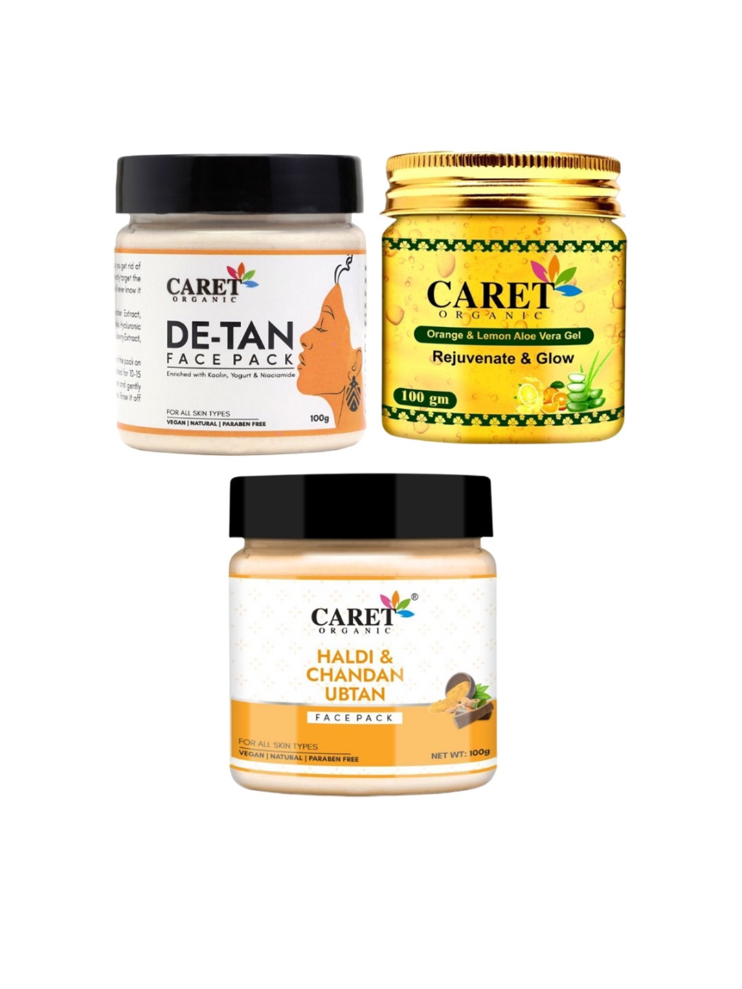 

CARET ORGANIC Set Of 3 De-Tan Face Pack, Haldi Chandan Ubtan & Aloe Vera Gel-100 g Each, White