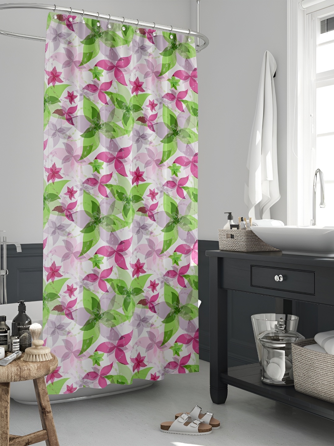 

ArtzFolio Pink & Green Floral Printed Waterproof Shower Curtain