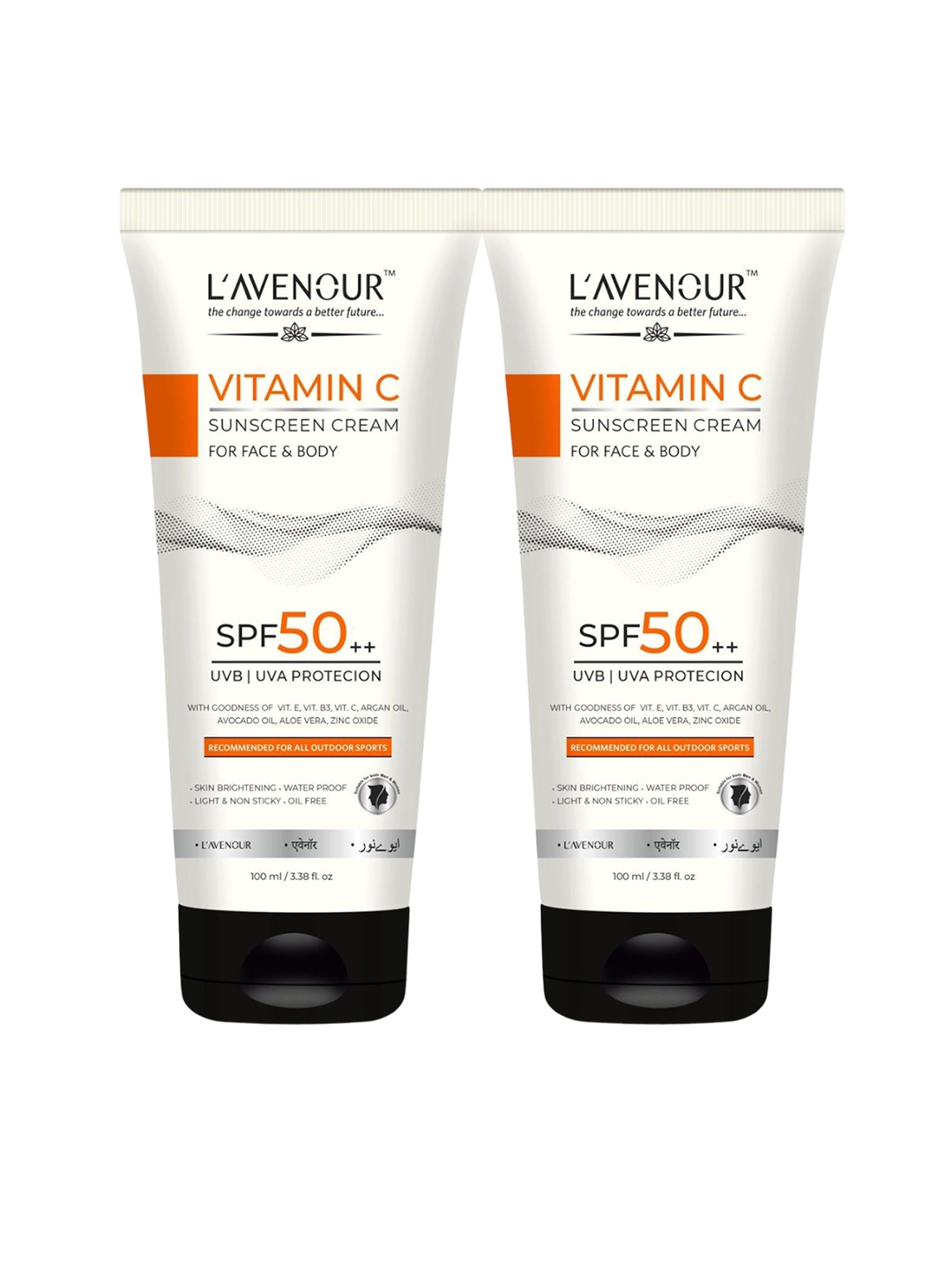 

L'AVENOUR Set Of 2 Vitamin C Sunscreen Cream SPF50++ For Face & Body - 100 ml Each, White