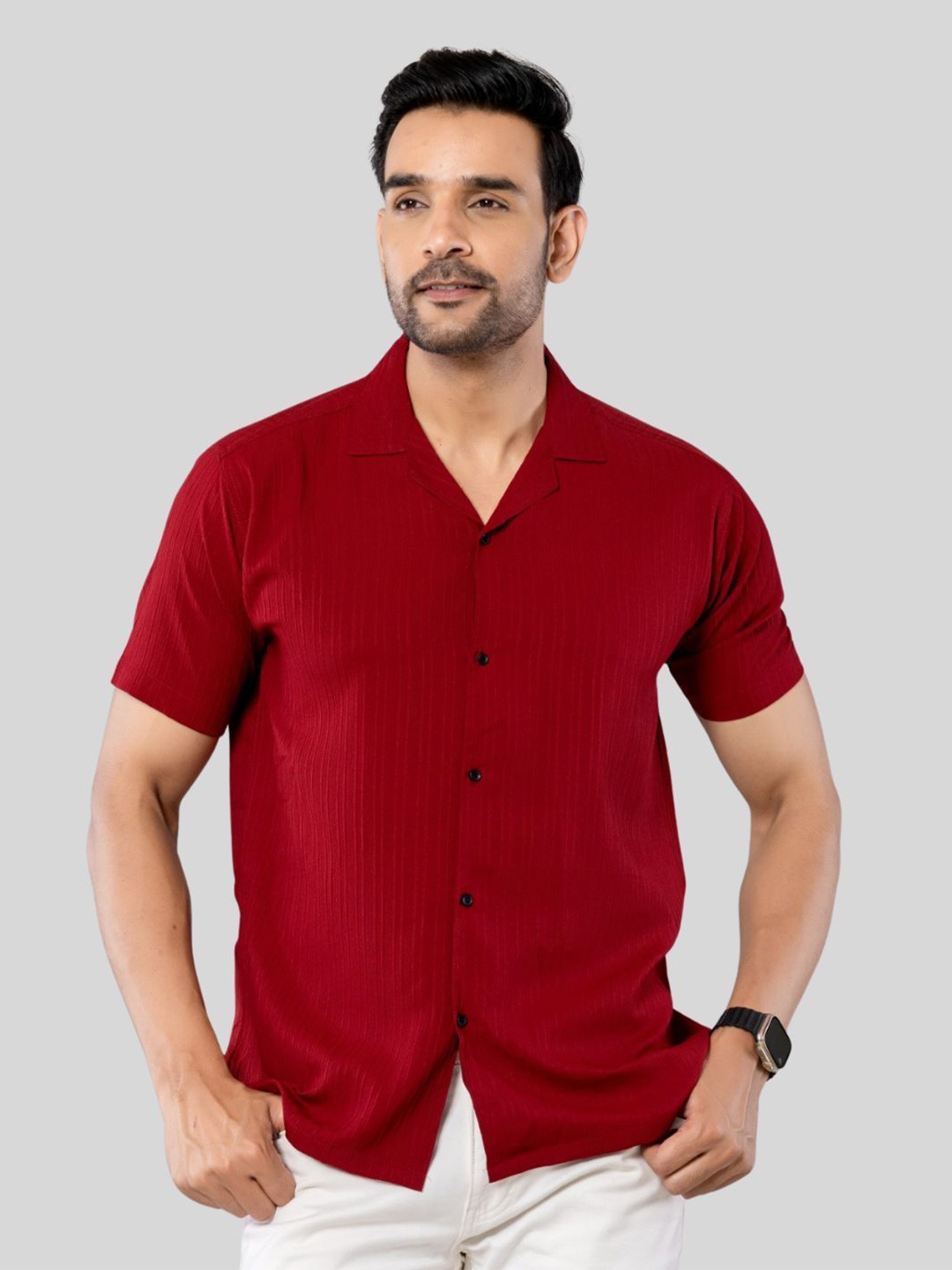 

Aanys Culture Men Classic Cuban Collar Textured Crepe Casual Shirt, Maroon