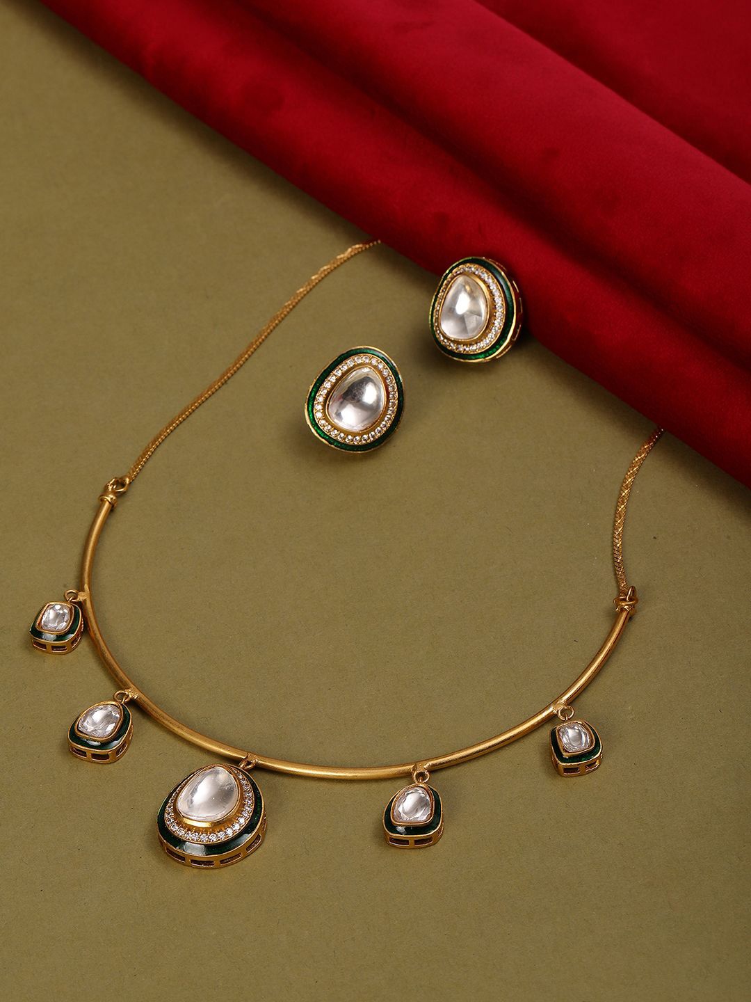 

Ruby Raang Gold-Plated Kundan-Studded & Meenakari Necklace and Earrings