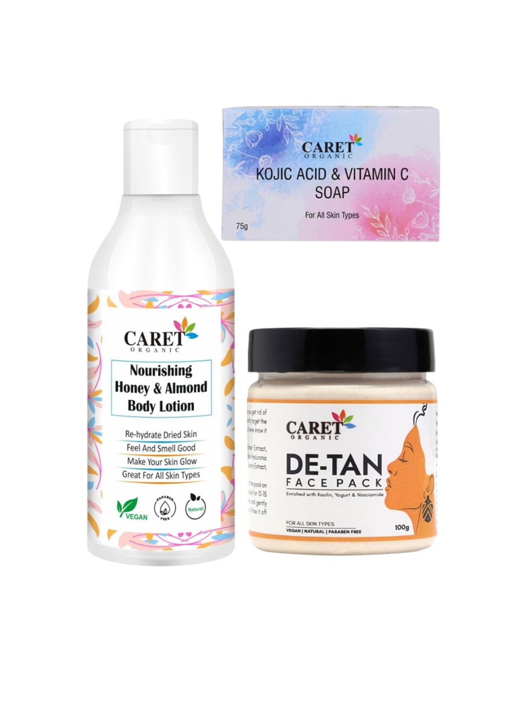 

CARET ORGANIC Set Of 3 Body Lotion- 250 ml, De-Tan Face Pack-100 ml & Vitamin C Soap- 75g, White