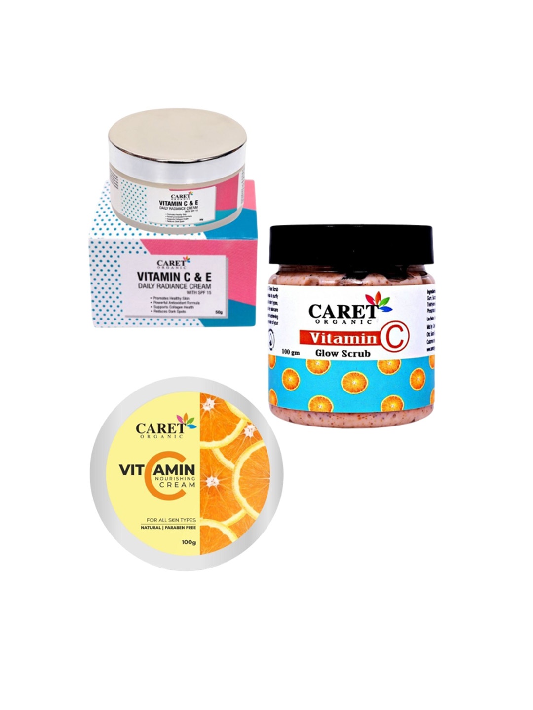 

CARET ORGANIC Set Of 3 Daily Radiance Cream With Glow Scrub & Vitamin C Cream, White