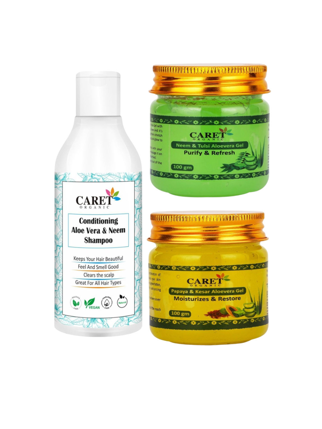 

CARET ORGANIC Set of 3 Shampoo, Neem-Tulsi Aloevera Gel & Papaya Kesar Aloevera Gel, White