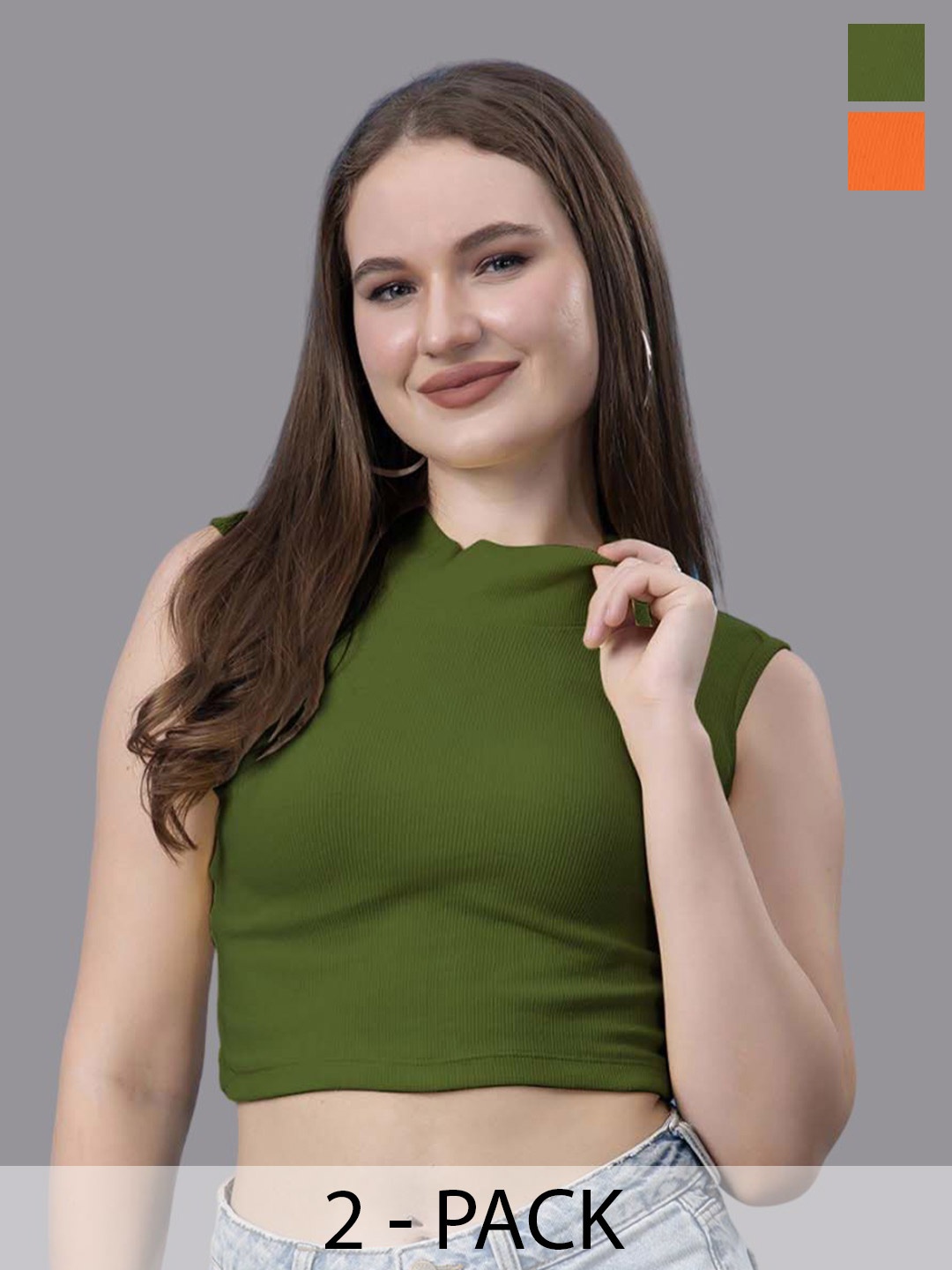 

Friskers Women Pack of 2 Cotton High Neck Sleeveless Crop Top, Orange