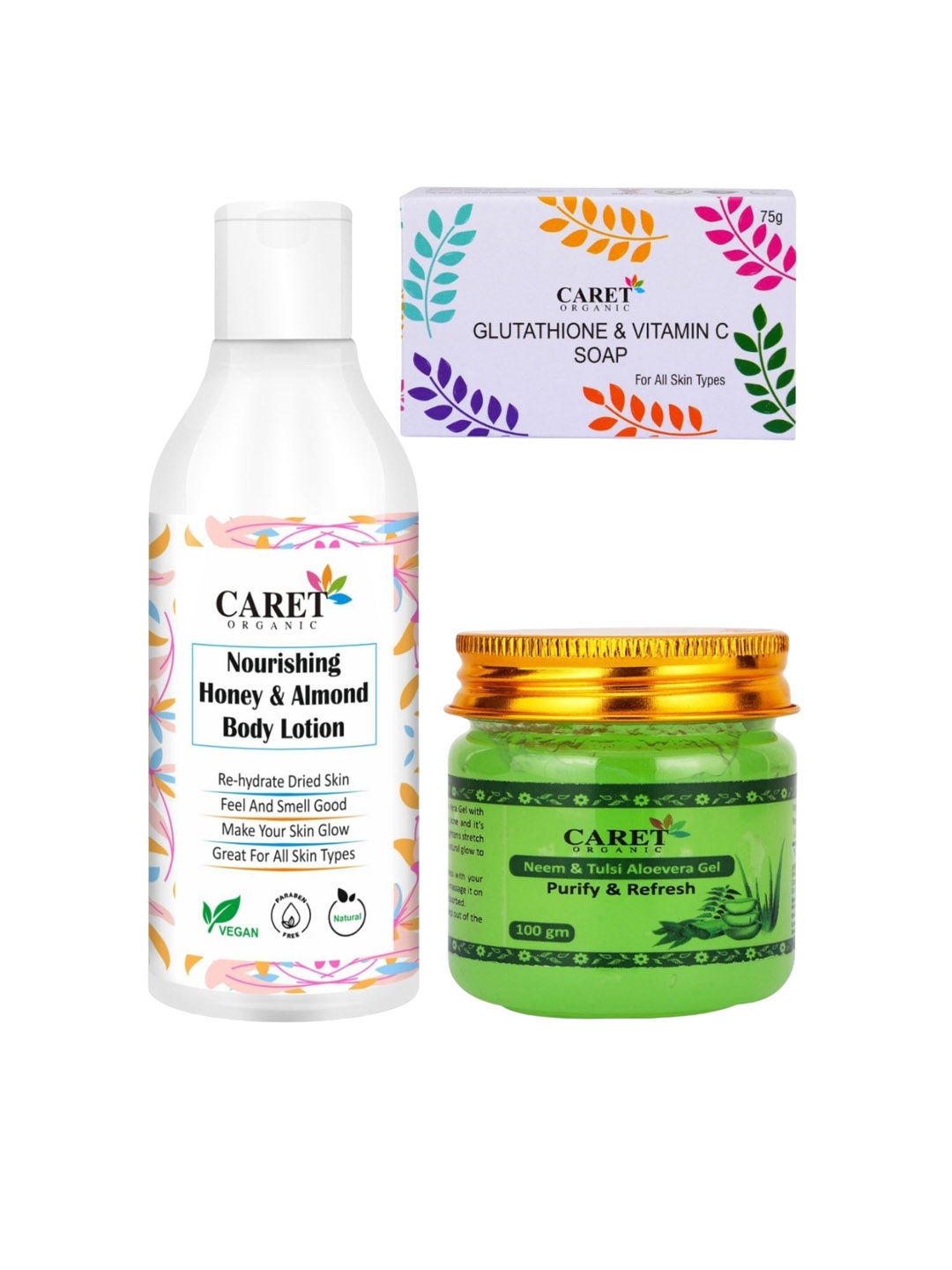 

CARET ORGANIC Set of 3 Almond Body Lotion, Aloevera Gel & Glutathione Vitamin C Soap, White