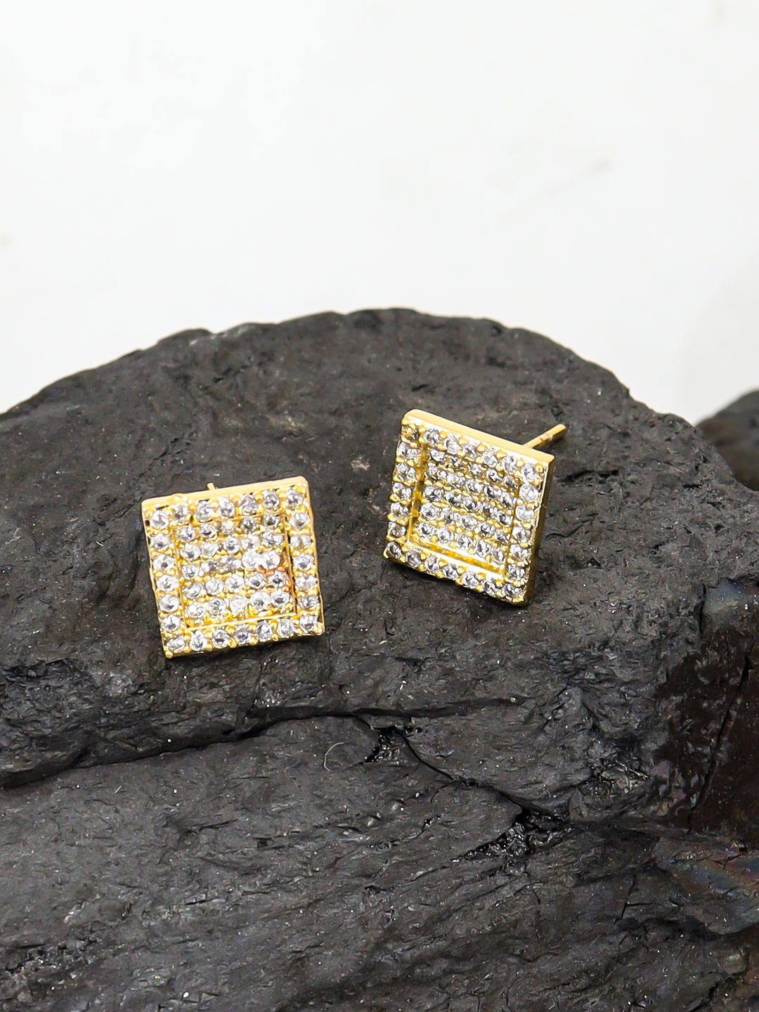 

FIMBUL Stainless Steel Gold Plated Cubic Zirconia Studded Square Studs