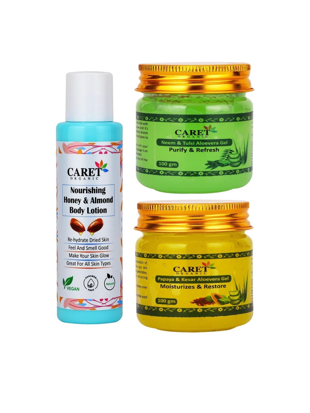 

CARET ORGANIC Set of 3 Body Lotion & Neem, Tulsi Aloevera Gel & Papaya Kesar Aloevera Gel, White