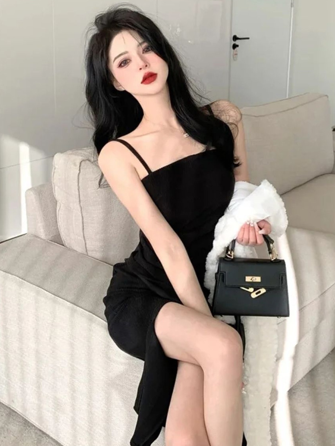 

KPOP Women Shoulder Straps Sheath Dress, Black