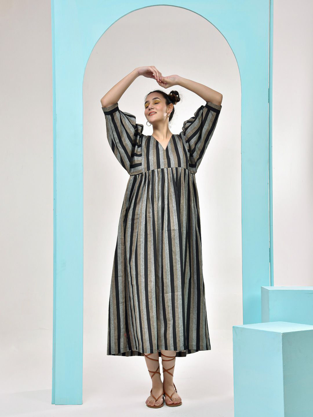 

THE SAFFRON SAGA Women Striped Fit & Flare Midi Dress, Black