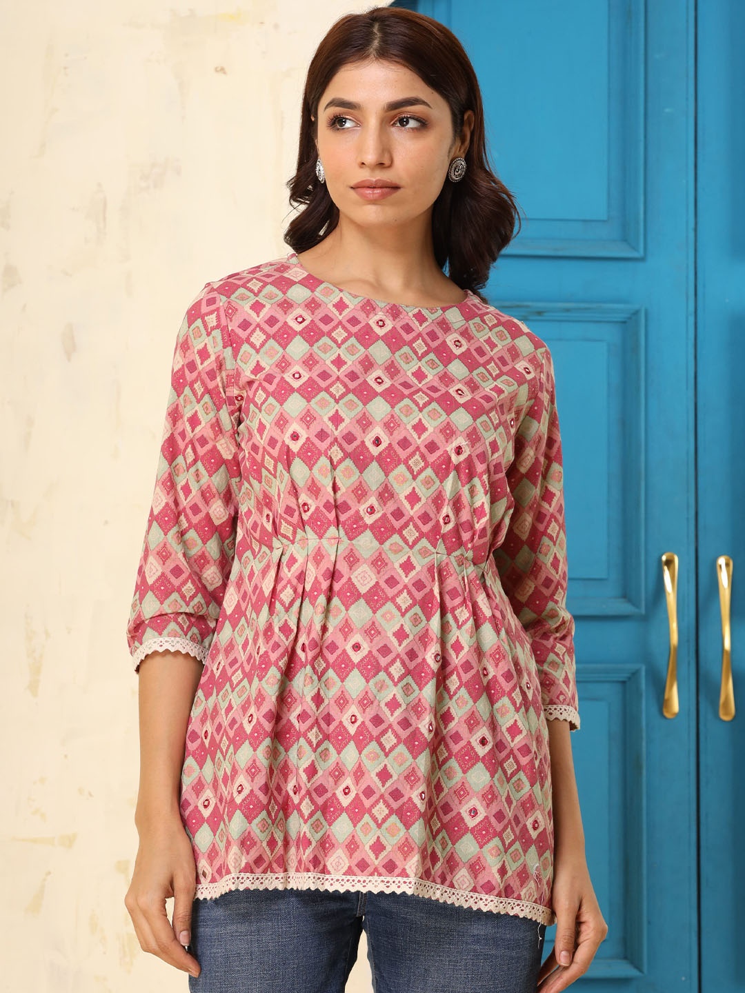 

DE CAMA Women Abstract Printed Pure Cotton A-Line Kurti, Rust