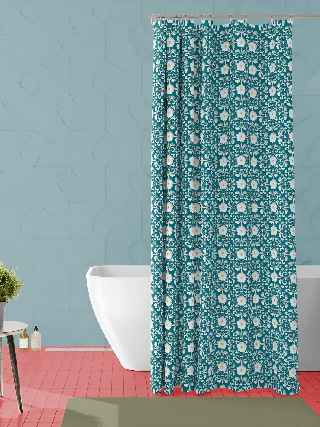 

ArtzFolio Teal & White Floral Printed Waterproof Shower Curtain