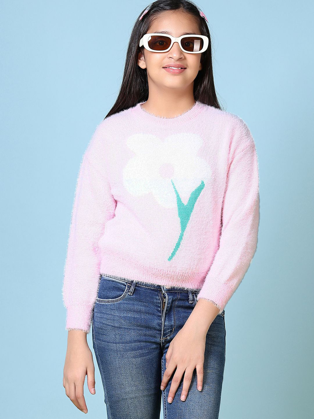 

V-Mart Girls Floral Self Design Acrylic Knitted Hair Yarn Round Neck Sweater Pullover, Pink