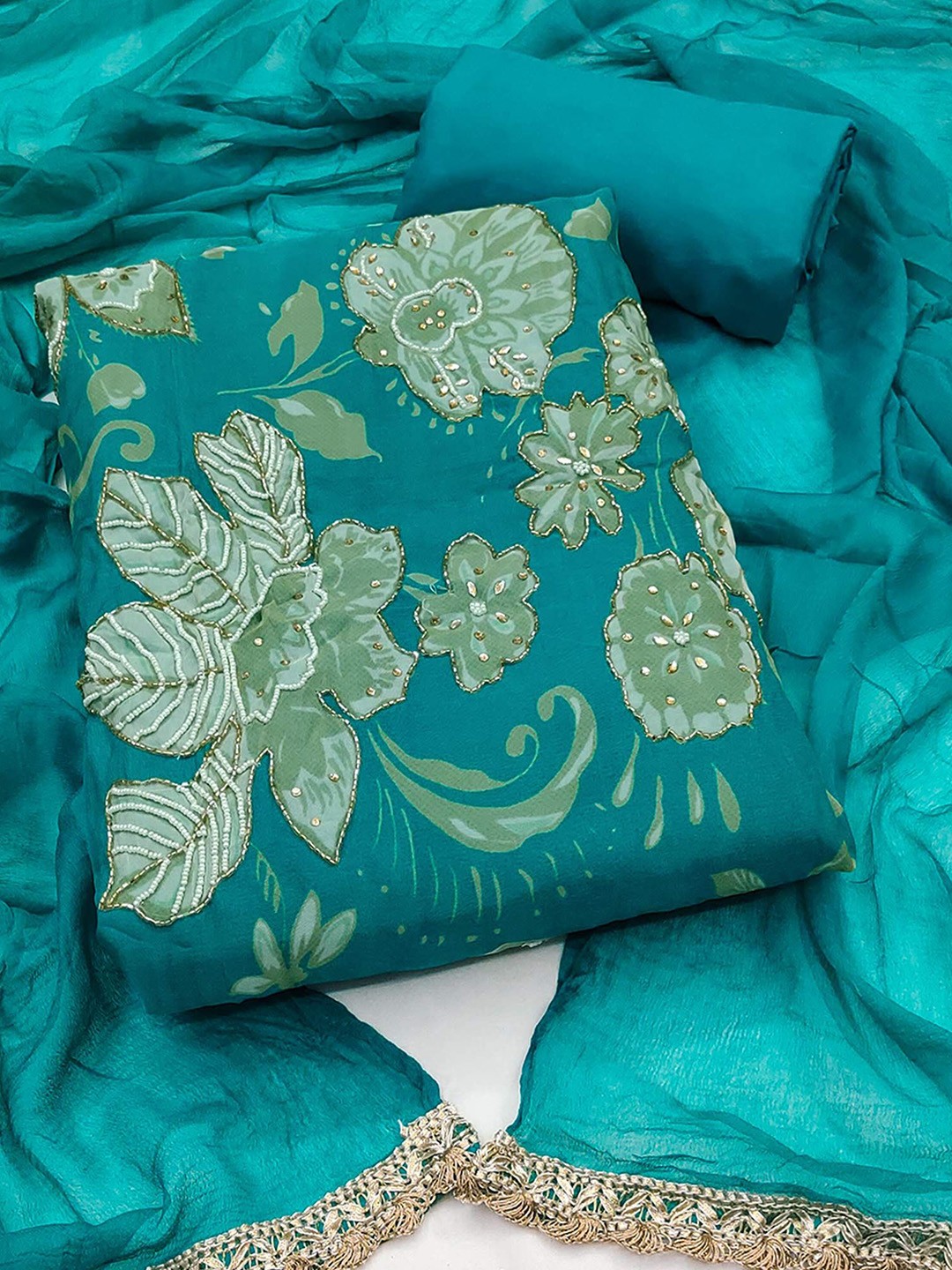 

Peachmode Floral Embroidered Beads and Stones Unstitched Dress Material, Teal