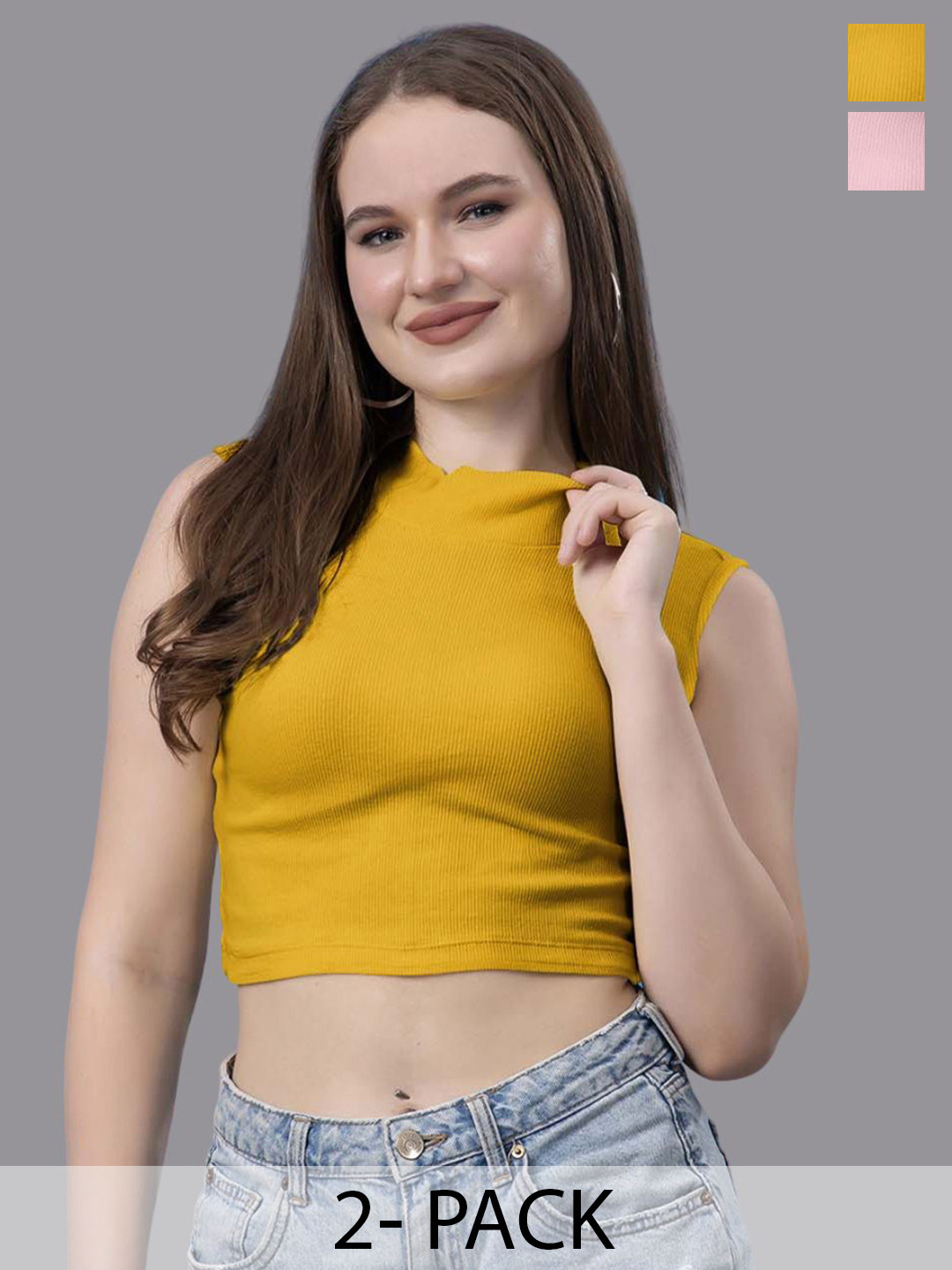 

Friskers Women Pack Of 2 Cotton High Neck Sleeveless Crop Top, Gold