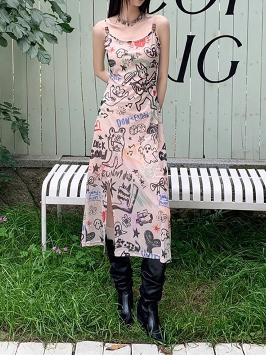 

KPOP Women Print Shoulder Straps Sleeveless Bodycon Midi Dress, Khaki