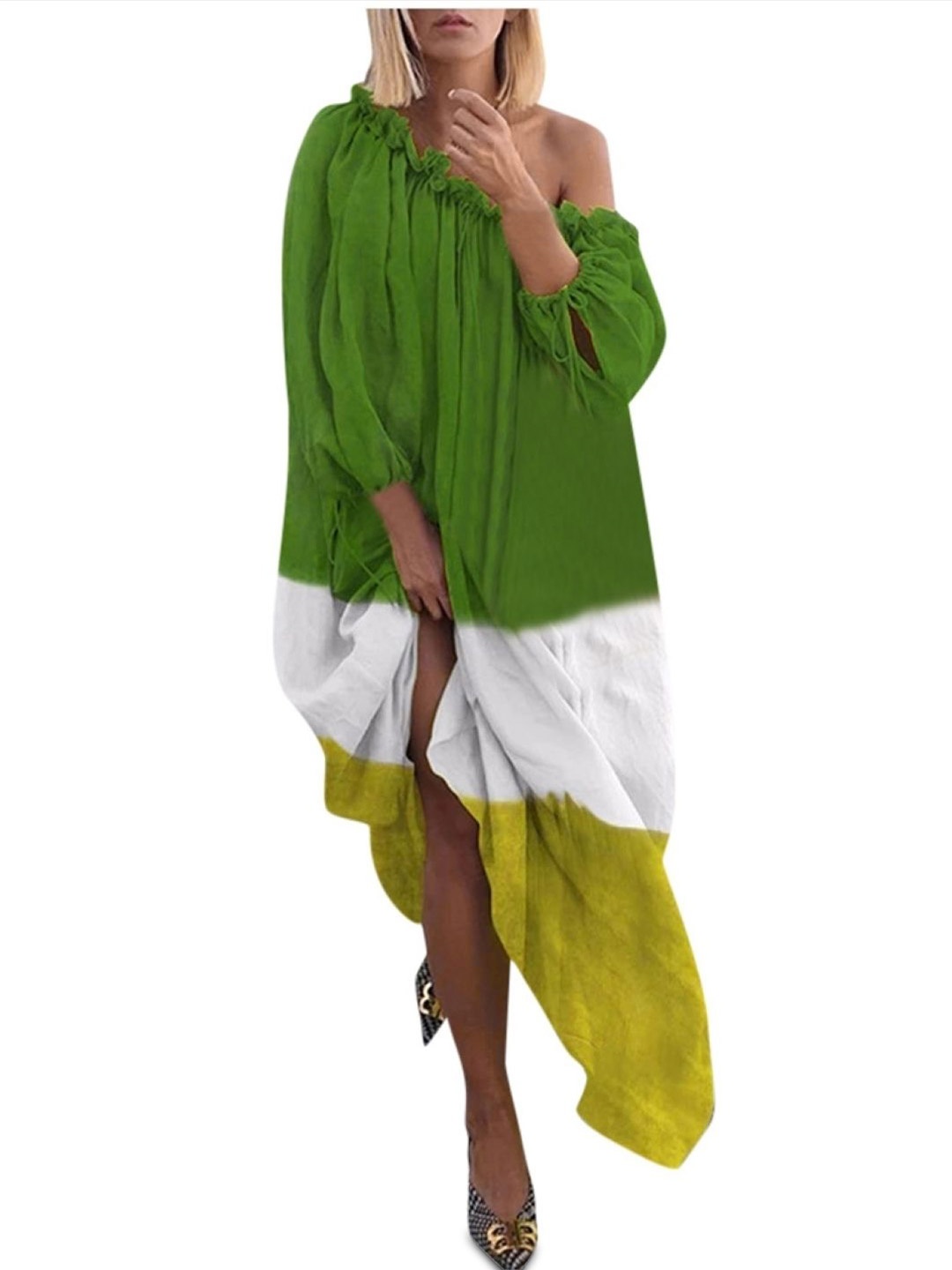 

HERE&NOW Women Colourblocked One Shoulder Puff Sleeve A-Line Maxi Dress, Green