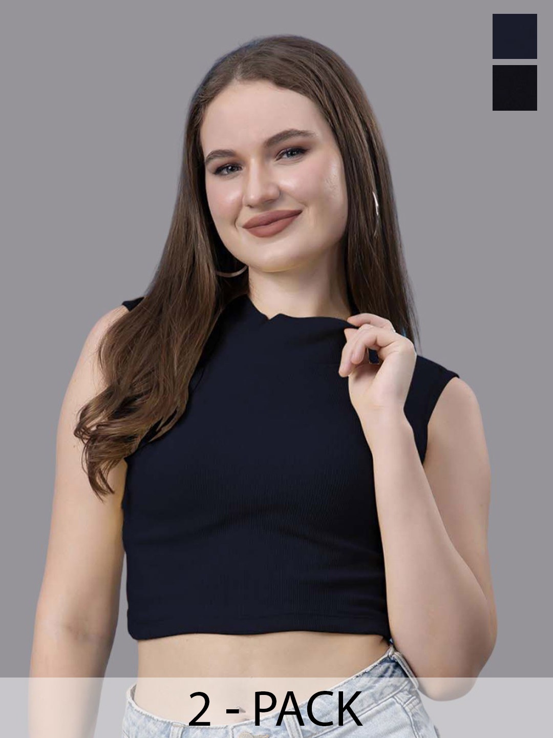 

Friskers Women Pack Of 2 Cotton High Neck Sleeveless Crop Top, Black