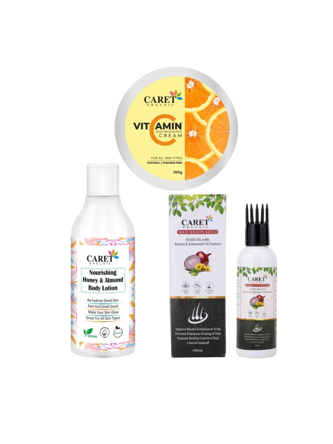 

CARET ORGANIC Set Of 3 Vitamin C Cream, Honey Almond Body Lotion & Red Onion Seed Hair Oil, White