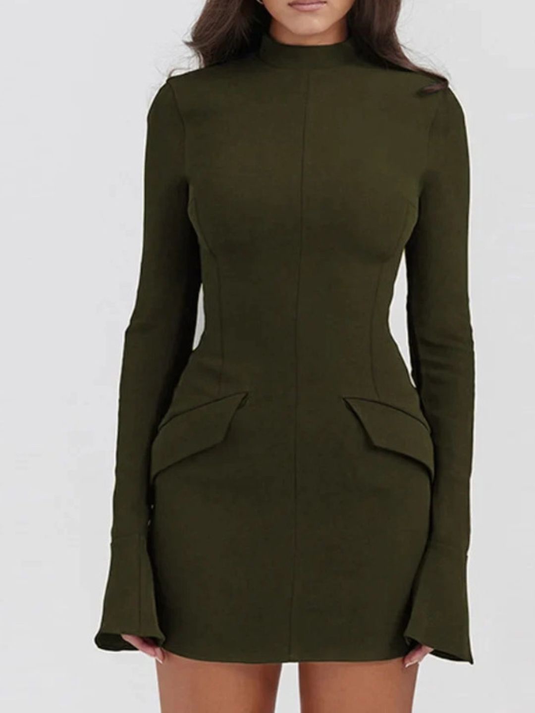 

KPOP Women Solid Round Neck Bodycon Dress, Olive