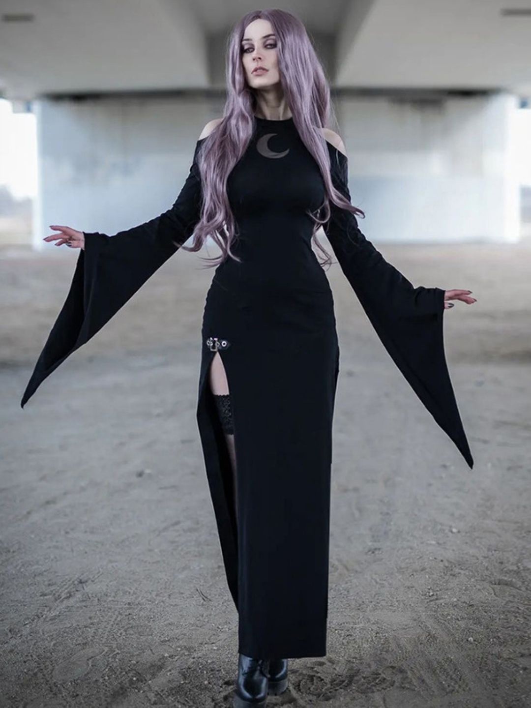 

KPOP Women Round Neck Bell Sleeve Bodycon Maxi Dress, Black