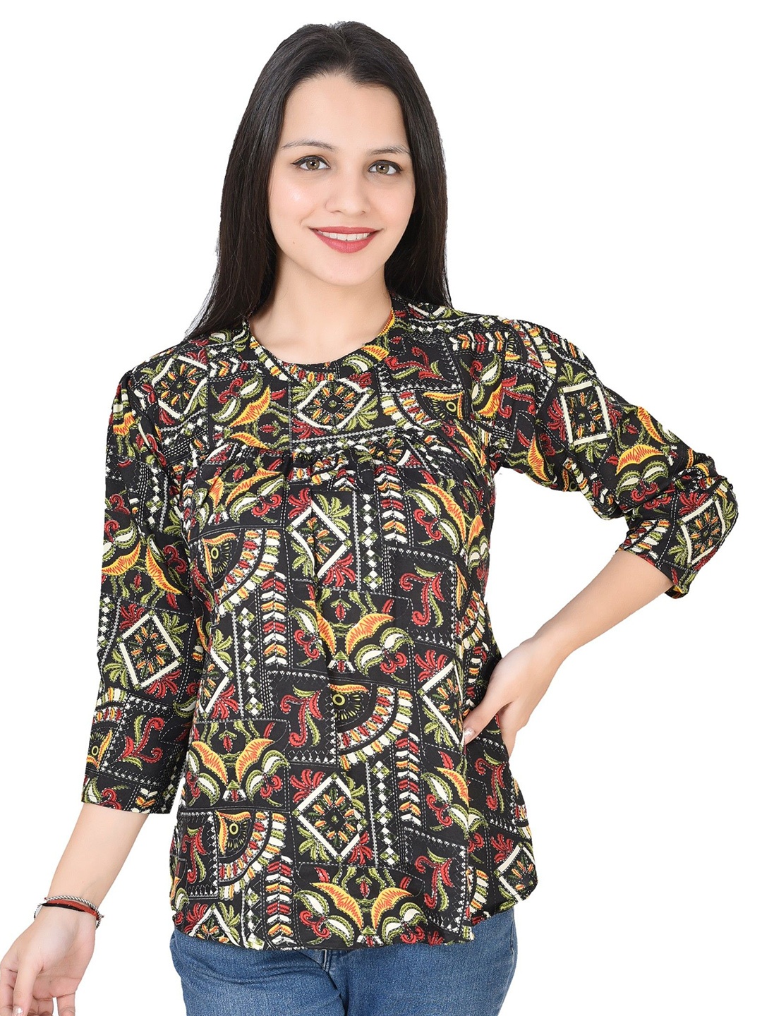 

SNIFFY Girls Round Neck Ethnic Print Regular Top, Black