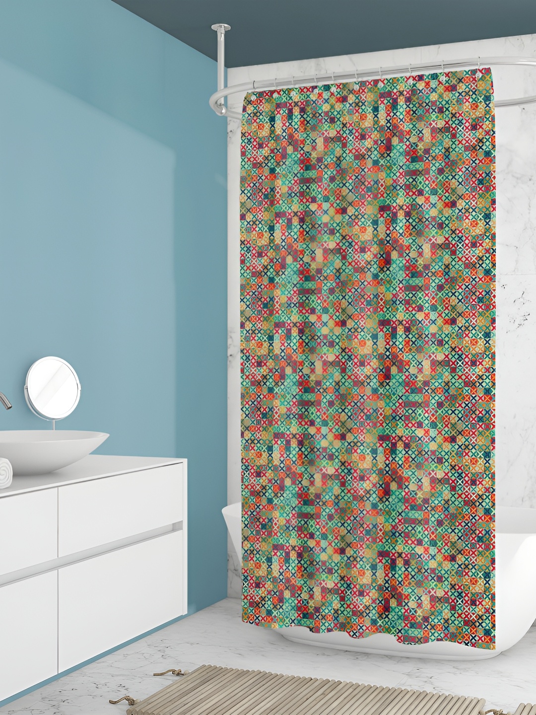 

ArtzFolio Red & Navy Blue Printed Waterproof Shower Curtain