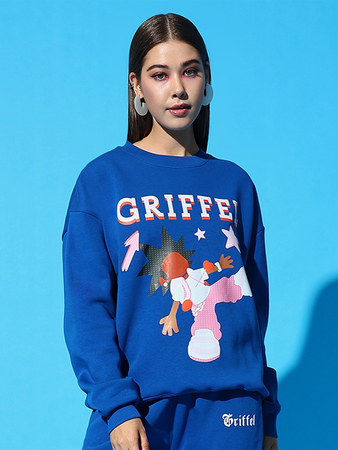 

GRIFFEL Women Graphic Printed Sweatshirt, Turquoise blue