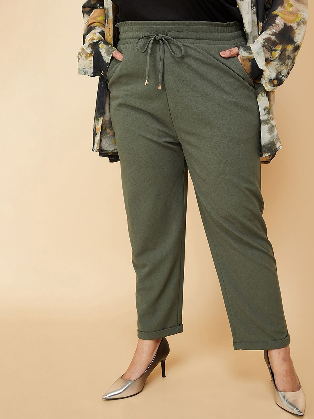 

max Women Cotton Casual Regular Trousers, Olive