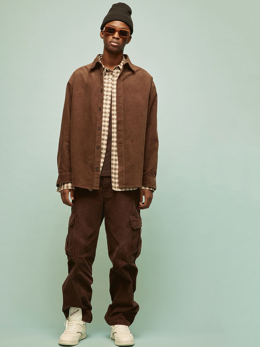 

H&M Loose Fit Cotton Corduroy Cargo Trousers, Brown