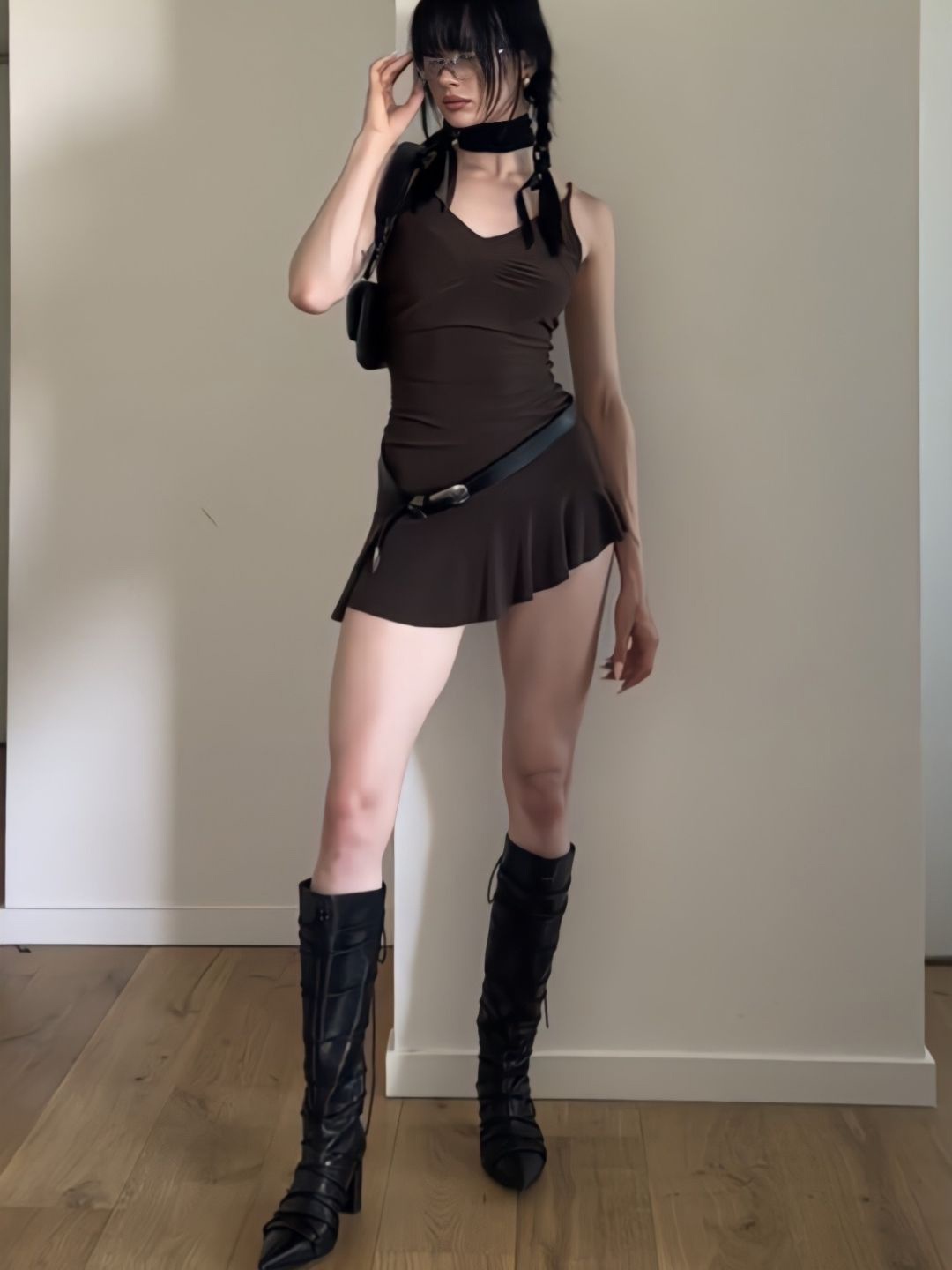 

KPOP Women Shoulder Straps Bodycon Mini Dress, Brown